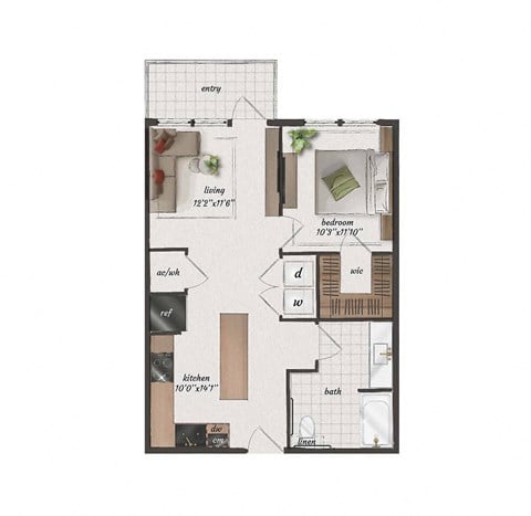Floor plan for 1 bed, 1 bath, 690 sqft